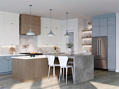 1951 Cabinetry Belcourt Maple Almond, Painted Linen and Painted Mist.