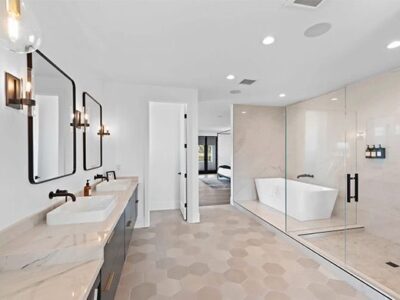 bedrosian magnifica lux white tile in bathroom.