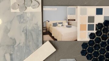 collage of blue porcelain tile samples.
