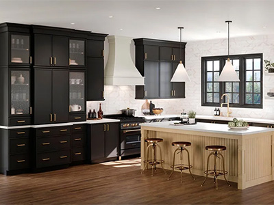 painted black and maple rye kitchen cabinets.