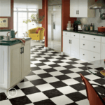 black and white vinyl kitchen floor.