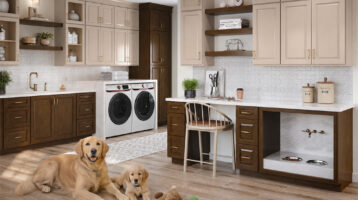 A dog and puppy in a kitchen with built-in feeding area in the cabinet.